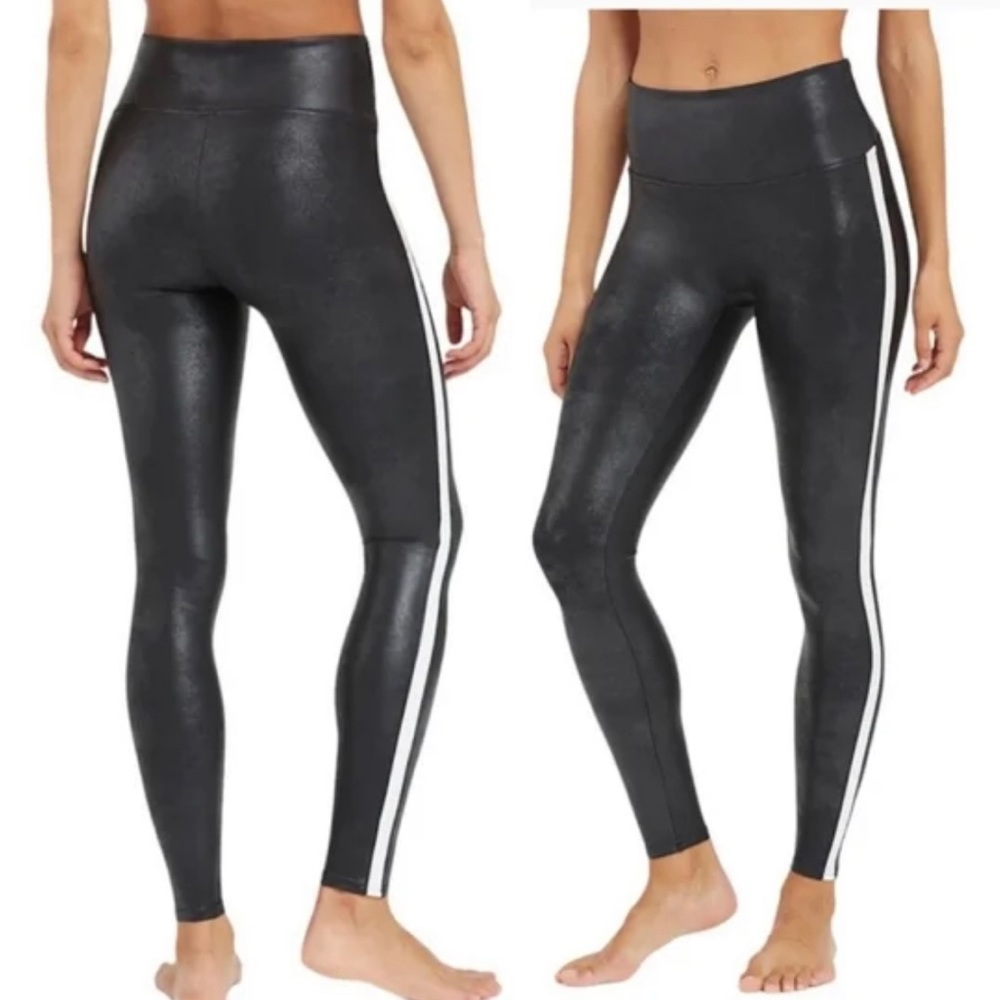 Spanx Women's Leggings Size Medium Black White Faux Leather Stripe Stretch Sport